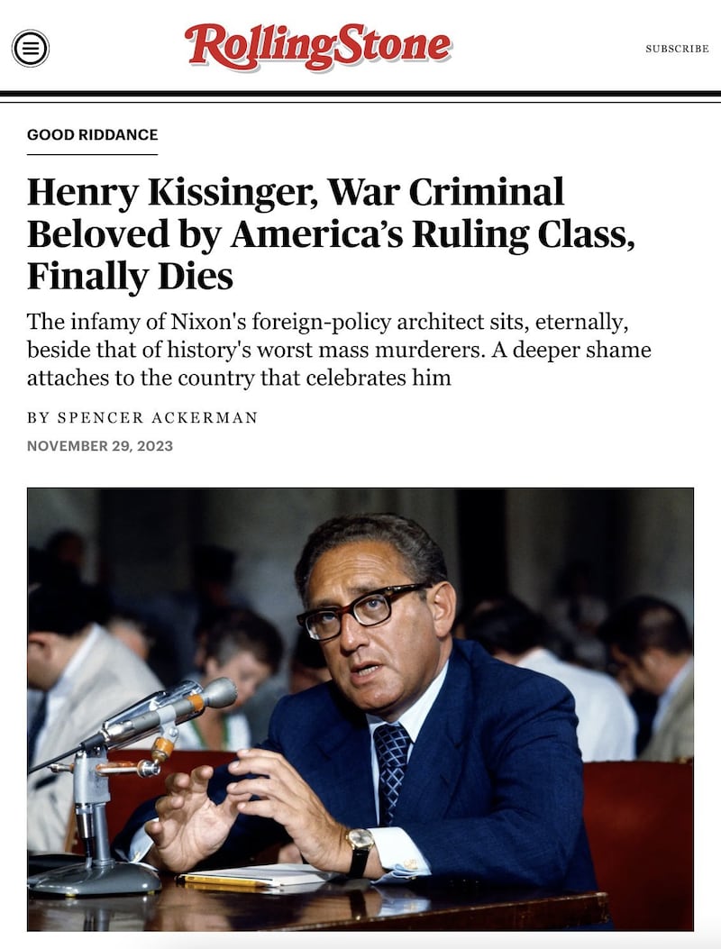 Críticas de la revista Rolling Stone sobre la muerte de Kissinger